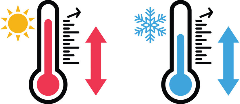 Thermometer temperature up and down icon with weather and climate symbols for heating, cooling, environmental control, and UI design applications, vector, designs