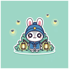 Cute cartoon rabbit in blue outfit. © Creative
