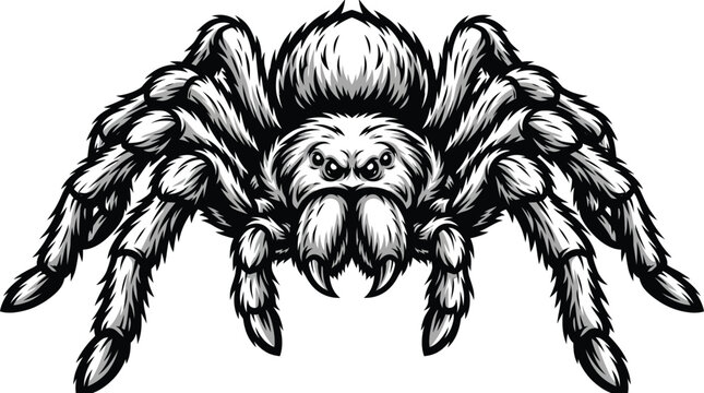 A detailed black and white illustration of a large, hairy spider with prominent fangs and multiple eyes, presented in a front-facing view.