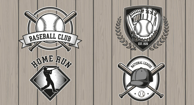A collection of vintage style baseball emblems on a wooden background