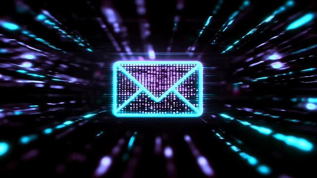 Glowing digital email icon floating in a high speed data transmission tunnel.