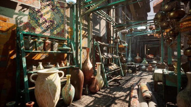 sunlit pottery market alley filled with ceramics, artisans arranging vases and amphorae on weathered shelves, warm golden beams casting dramatic shadows
