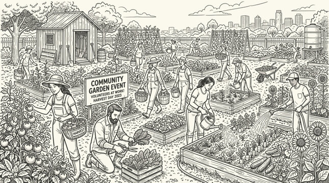 Farmers Market Community Gathering Hand Drawn Illustration