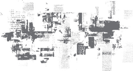 Fototapeta premium Distressed grey newspaper fragments and text overlay on white background abstract texture grunge