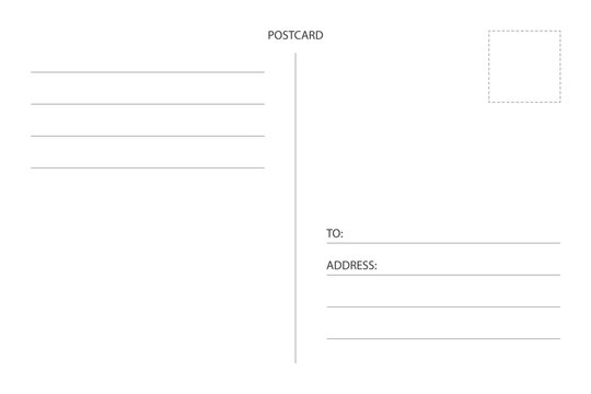 Empty back of minimalistic postcard with place postage stamp for travel. Vector template postcard design	
