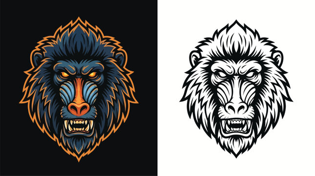 A fierce baboon's head, depicted in both a vibrant, colorful illustration and a stark black and white line drawing, showcasing its intense gaze and bared teeth.