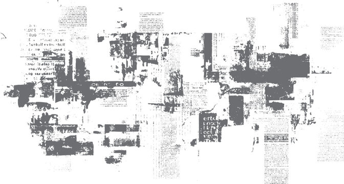 Distressed grey newspaper fragments and text overlay on white background abstract texture grunge