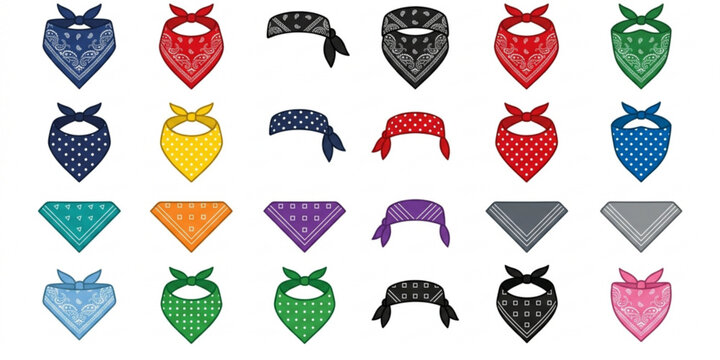 Bandana icon set vector with flat paisley head scarf designs in multiple fold styles isolated collection