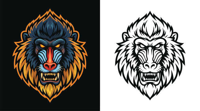 Aggressive mandrill monkey head mascot illustration in vibrant color and black and white outline versions, showcasing detailed fur and bared teeth.