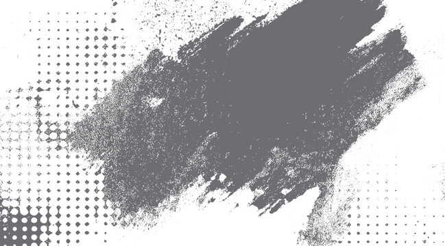 Textured gray abstract brush stroke and halftone dot pattern overlay on white background grunge