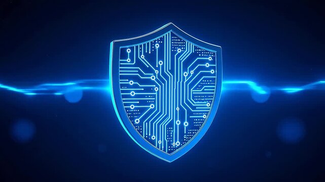 Blue glowing shield with circuit design