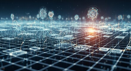 Fototapeta premium A futuristic digital landscape with glowing grid lines and cryptocurrency symbols