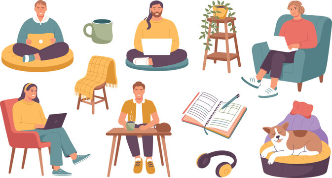 Cozy Freelancer and Remote Work Vector Character Set featuring People Working from Home with Laptops, Comfortable Furniture, Notebook, and a Sleeping Dog