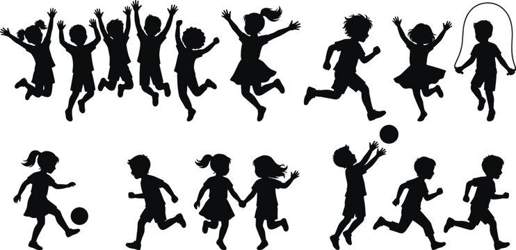 Black silhouettes of children playing, running, jumping, and exercising on white background, kids