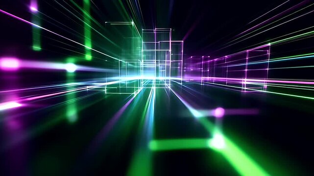 Abstract digital background with glowing neon light lines and geometric wireframe structures.