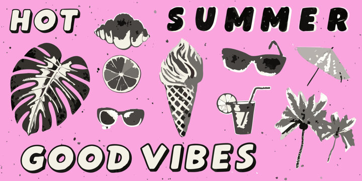 Summer themed floral ornament and objects vector illustration on pink background