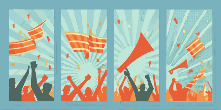 Crowd Silhouette With Flags And Megaphones Vector Illustration