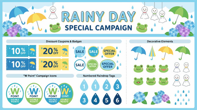Japanese Rainy Day Special Campaign Promotional Banner Asset Sheet Featuring Hydrangeas Umbrellas Teru Teru Bozu Weather Dolls Frogs and Discount Coupons