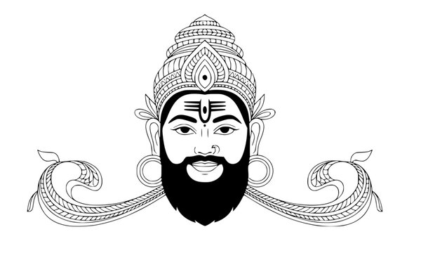 Lord Shiva line art vector illustration featuring a close-up portrait of Shankar Mahadev with a black beard, crown, and decorative vintage filigree borders on a white background.