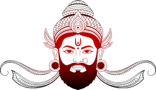 Lord Shiva line art vector illustration featuring a portrait of Shankar Mahadev with a dark beard, crown, and decorative vintage filigree borders in a red gradient theme.