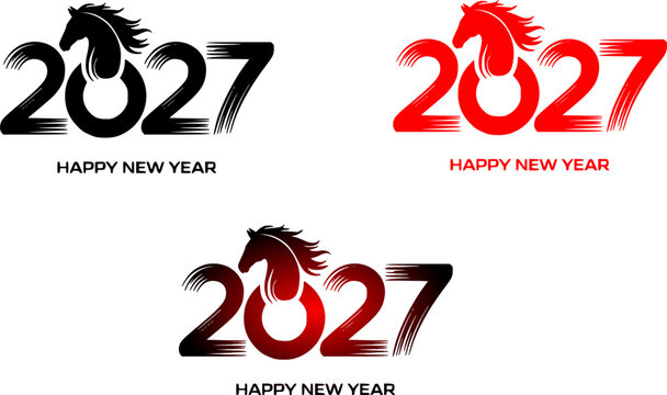 2027 Chinese New Year of the Horse typography design set featuring brush stroke numbers with a stallion head silhouette isolated on a white background.