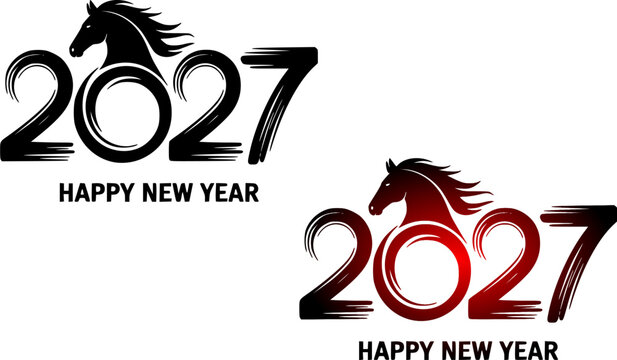 2027 Chinese Year of the Horse celebration text design pack featuring stylized numerical layouts with horse head silhouettes isolated on a white background.