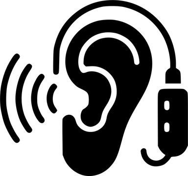Hearing aid medical device icon featuring a human ear silhouette with sound waves and an electronic amplifier unit isolated on a white background.