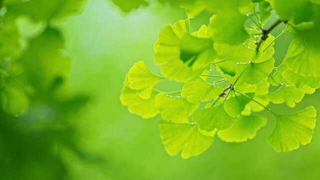 Bright green ginkgo leaves illuminated by soft natural light, creating a refreshing and peaceful early summer atmosphere.