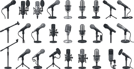 Microphone Vector Set with Vintage and Modern Studio Condenser Mics Dynamic Vocal Microphones Stands and Pop Filters for Audio Recording Designs © Lota