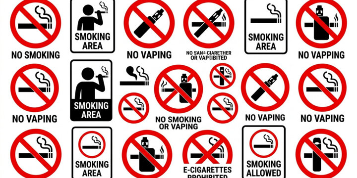 No smoking no vaping prohibition signs vector illustration with cigarette and e cigarette ban symbols isolated on white background