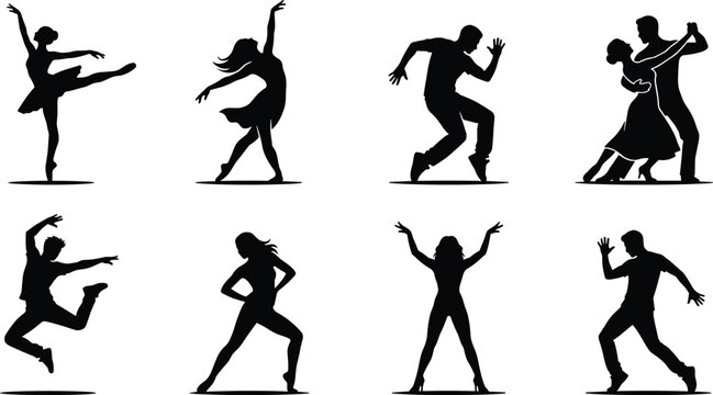 Collection of dancing people silhouettes featuring ballet contemporary hip hop salsa and modern dancers isolated on white background