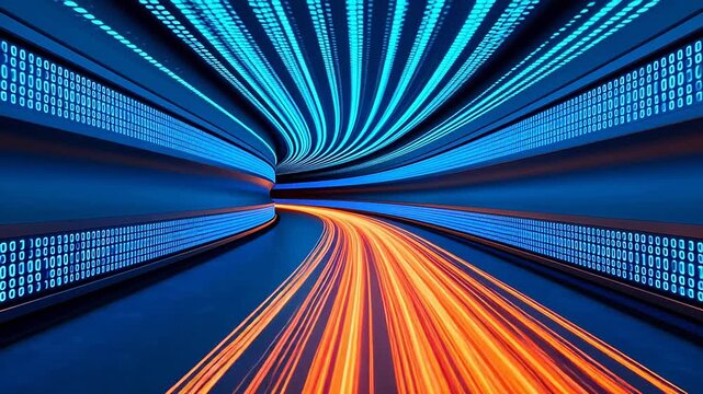 Digital tunnel with binary code and light trails