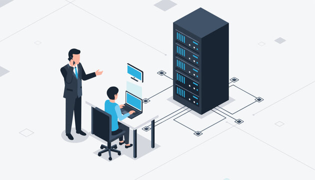 Information technology professionals manage a high tech server rack database inside a modern corporate data center.