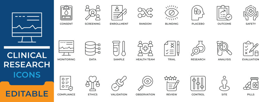 Clinical Research Trial Placebo Screening Medical Ethics Icon Set - editable vectors for healthcare study, laboratory experiment, and scientific analysis.