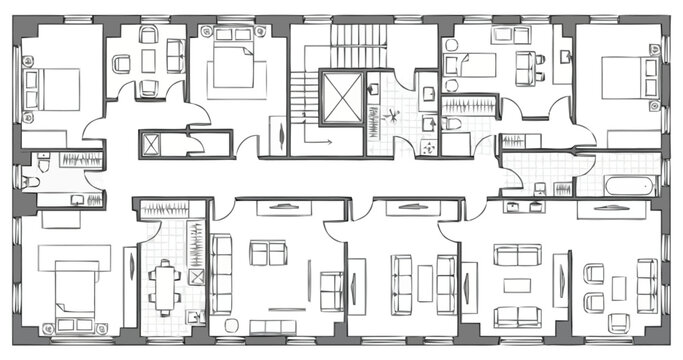 Detailed residential blueprint showcasing apartment layouts with multiple rooms including living spaces bedrooms and bathrooms representing architectural floor plans for property development and