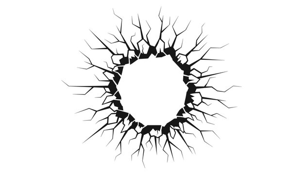 Smashed wall hole with black circular cracks and shattered fragments isolated on solid white background.