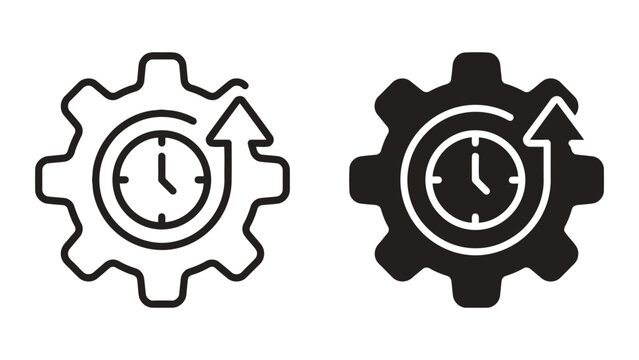 Gear with clock and arrow symbol for project management and efficient scheduling icon set in outline and solid black style for business and software development