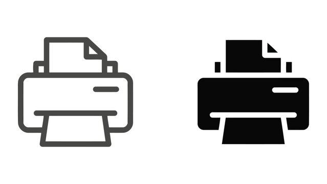 Printer device icon set in outline and solid black style for document printing office supplies