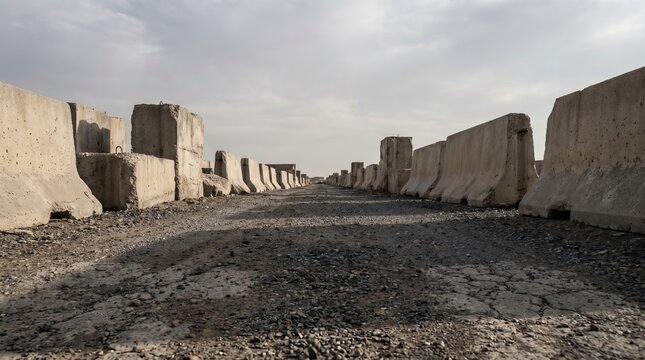 Sturdy gray concrete road barriers arranged in a long straight line under a soft overcast sky during the bright daytime