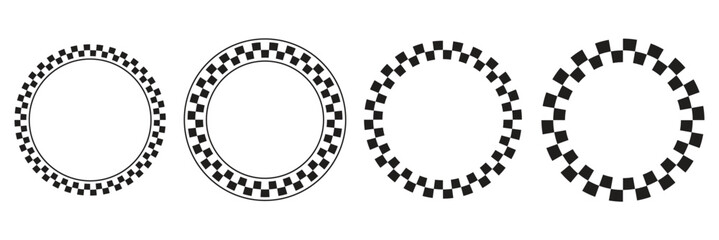 Set of round frames with black and white checkered print. Vignettes with race flag or chessboard pattern. Circular geometric frameworks. Vector graphic illistration © top3