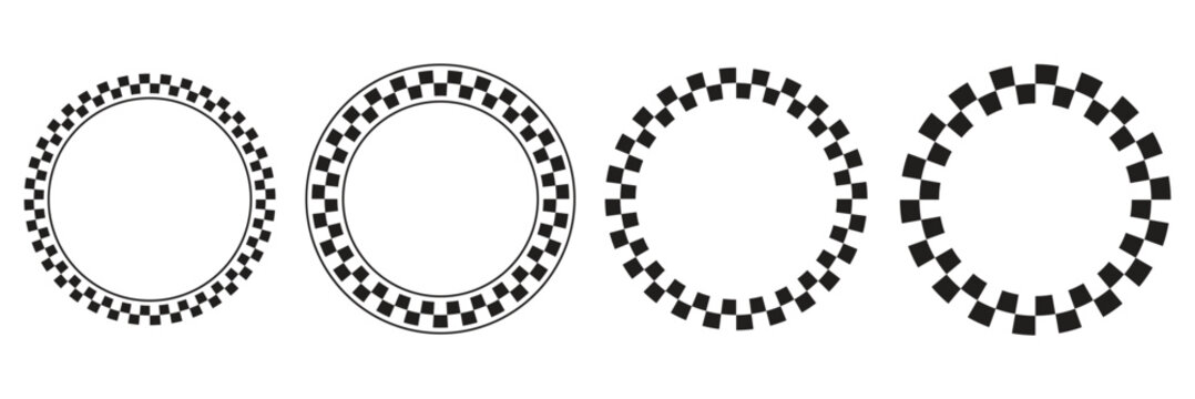 Set of round frames with black and white checkered print. Vignettes with race flag or chessboard pattern. Circular geometric frameworks. Vector graphic illistration