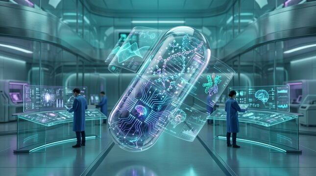 Future of Medicine: A high-tech laboratory showcasing advanced pharmaceutical research with scientists working around a giant holographic capsule displaying DNA helix and brain scans.