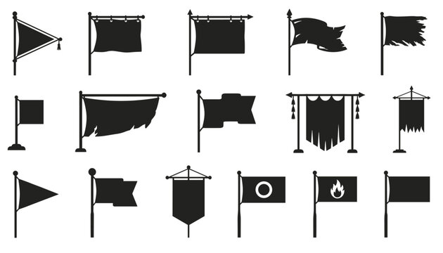 Collection of classic medieval flag and banner black silhouettes on poles isolated on a white background.