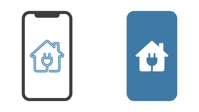 Smartphone icons displaying smart home power plug symbol in outline and solid blue styles for home automation and energy management interface design isolated on white background