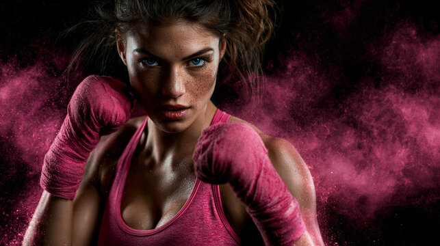 A boxing woman wearing pink boxing gloves guarding poses por fight , black background with pink fire effect , action cinemaitc.