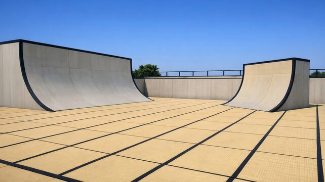 Japanese Tatami Mat Skate Park with Concrete Half Pipe Ramps Under Clear Blue Sky Surreal Concept