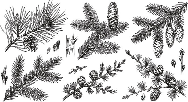 Hand drawn botanical vector collection of realistic conifer branches spruce pine fir larch and pinecones isolated on white background
