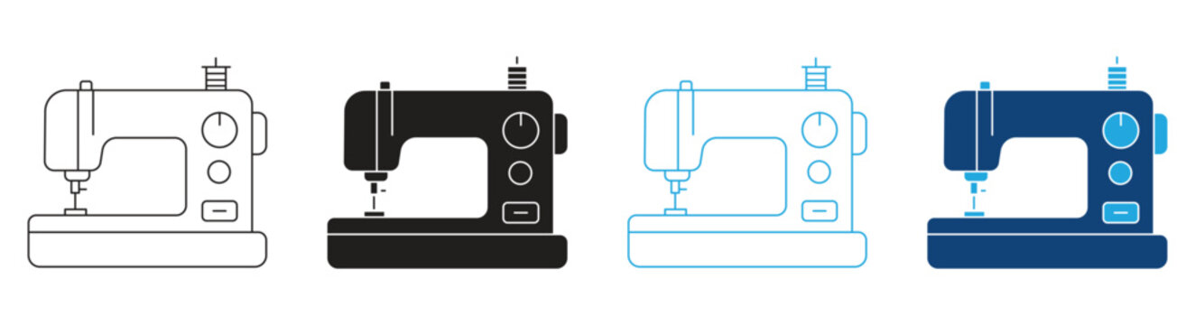 Electric sewing machine  icon set. Tailoring emblem. Outline industrial manufacture of clothing  concept , Vector illustration.