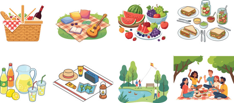 Picnic element vector illustrations set featuring basket food family outdoor recreation blanket snacks and summer park activities