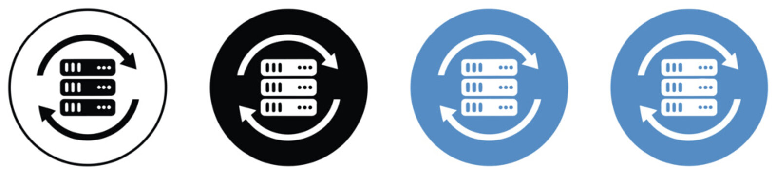 Server backup, data recovery, and synchronization icon set featuring data rack with circular arrows in blue and black styles for cloud storage, cybersecurity, and system management design, vector, des